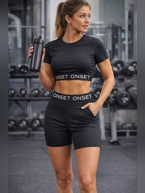 ONSET Black Crop Top Biker Short Set Gym Workout Athleisure M/S